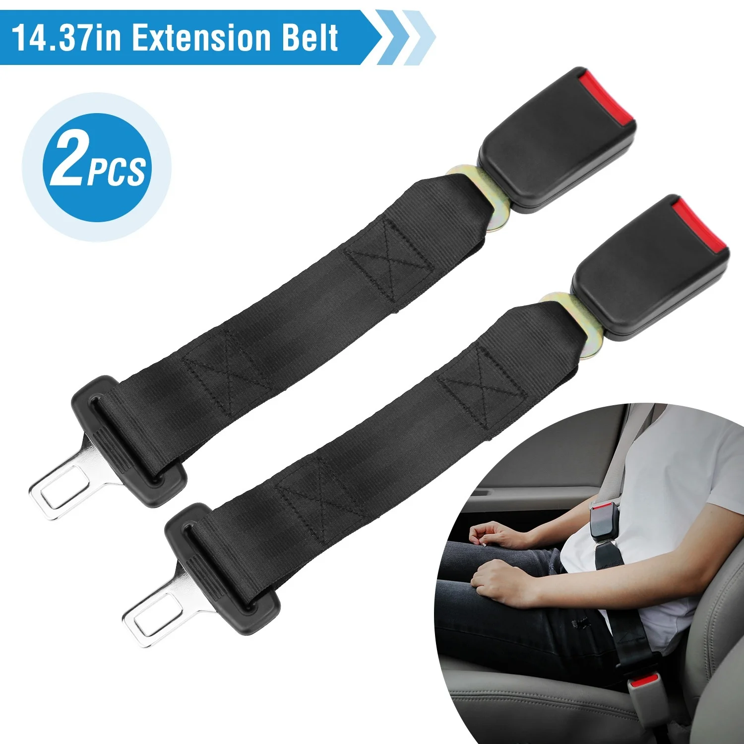 2‑Pcs Car Seat Belt Extender, 14.37 Inch Webbing Extension with Buckle Tongue, Universal Auto Safety Belt Lengthener Car Interior Accessories
