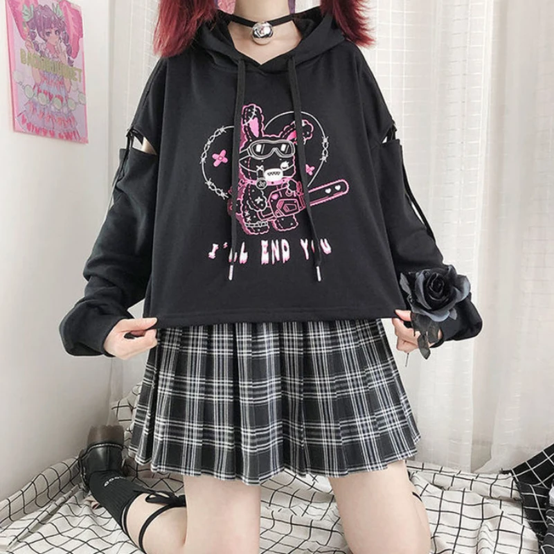 Stitch traf Y2k Hip-hop Loli\'s new dark hooded short sweater splicing belt hollow female autumn and winter Korean comments a lot