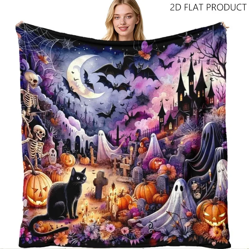 Watercolor Haunted Castle Halloween Throw Blanket,Ghost Black Cat Skeleton Pumpkin Bat Moon Print Gothic Home Blanket