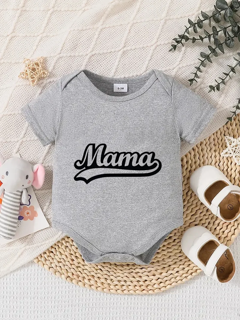 Playful letter-printed baby short-sleeve triangle bodysuit. Button closure for easy dressing