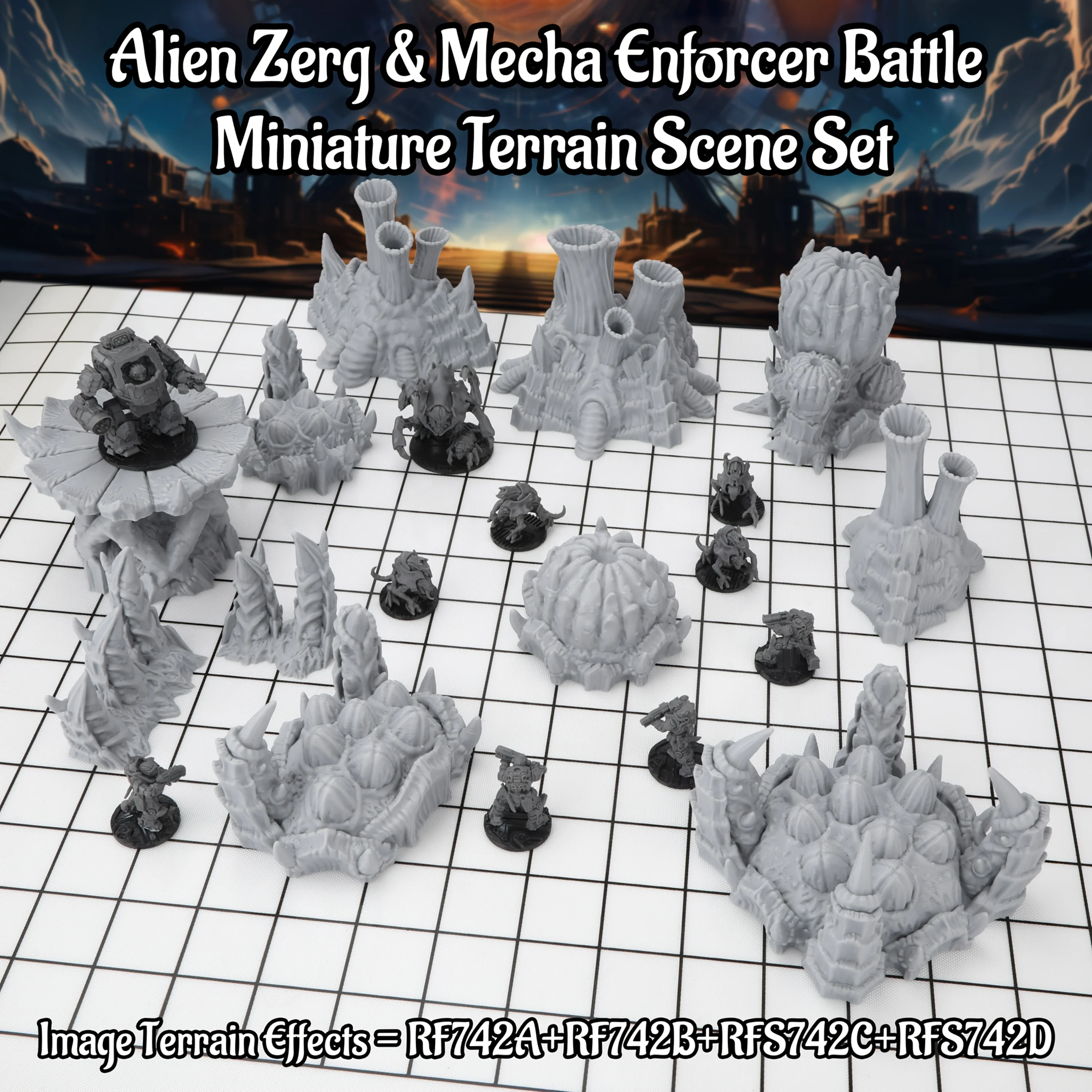 Sci-Fi Alien Miniature Terrain & RPG Figures Set - Alien Plants, Enforcer & Zerg, Game Accessories for TTRPGs