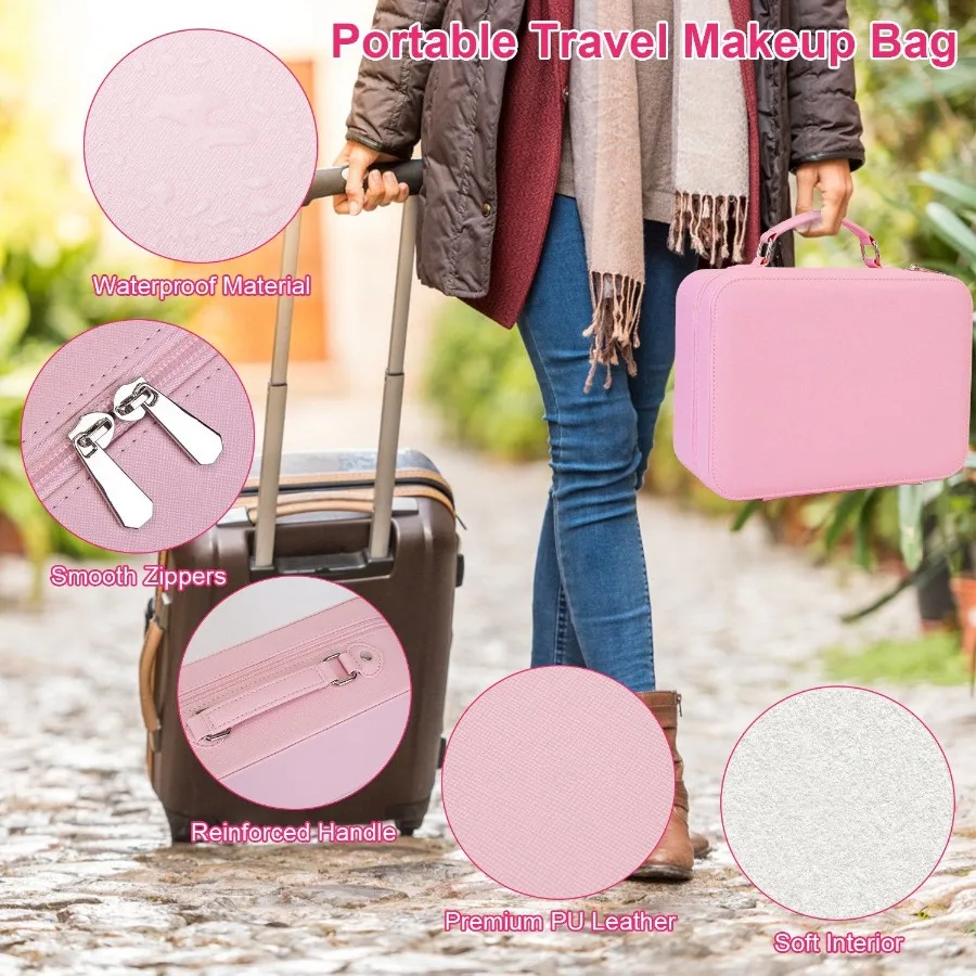 Reise-Make-up-Tasche mit 3 Lichtfarben, dimmbare Helligkeit, LED-Spiegel, abnehmbarer 10-facher Vergrößerungsspiegel, verstellbare Trennwände, Porta