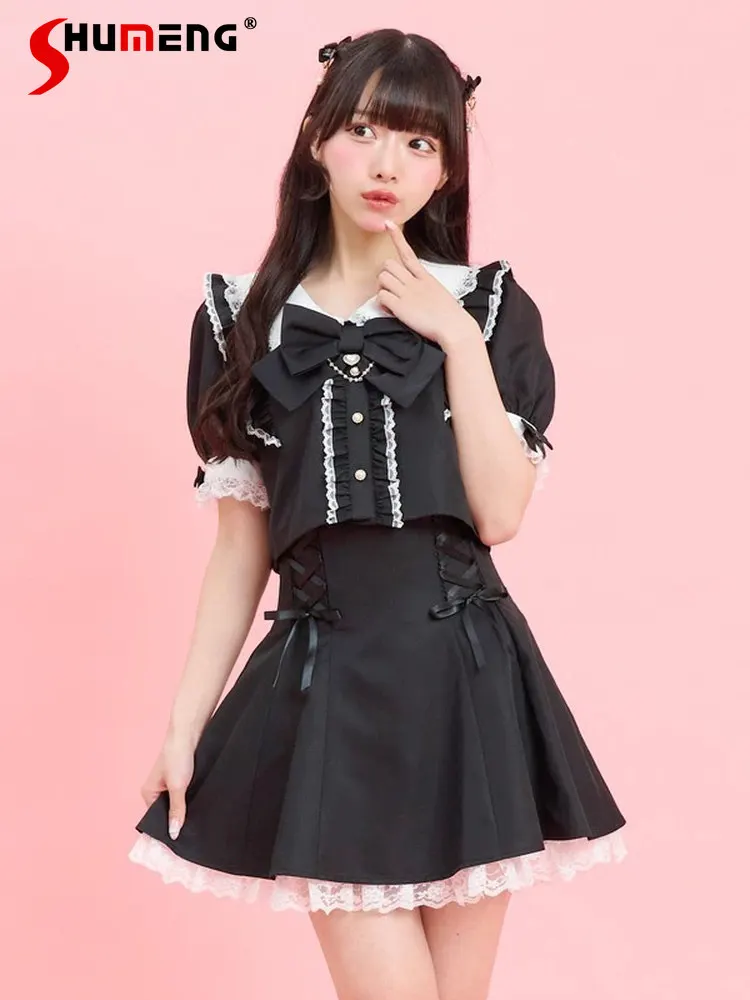 

2026 Summer Japanese Mass-produced Style Sweet Girl's SC Suit Lace Splicing Bow Short Top High Waist Skirt Two-piece Set Women