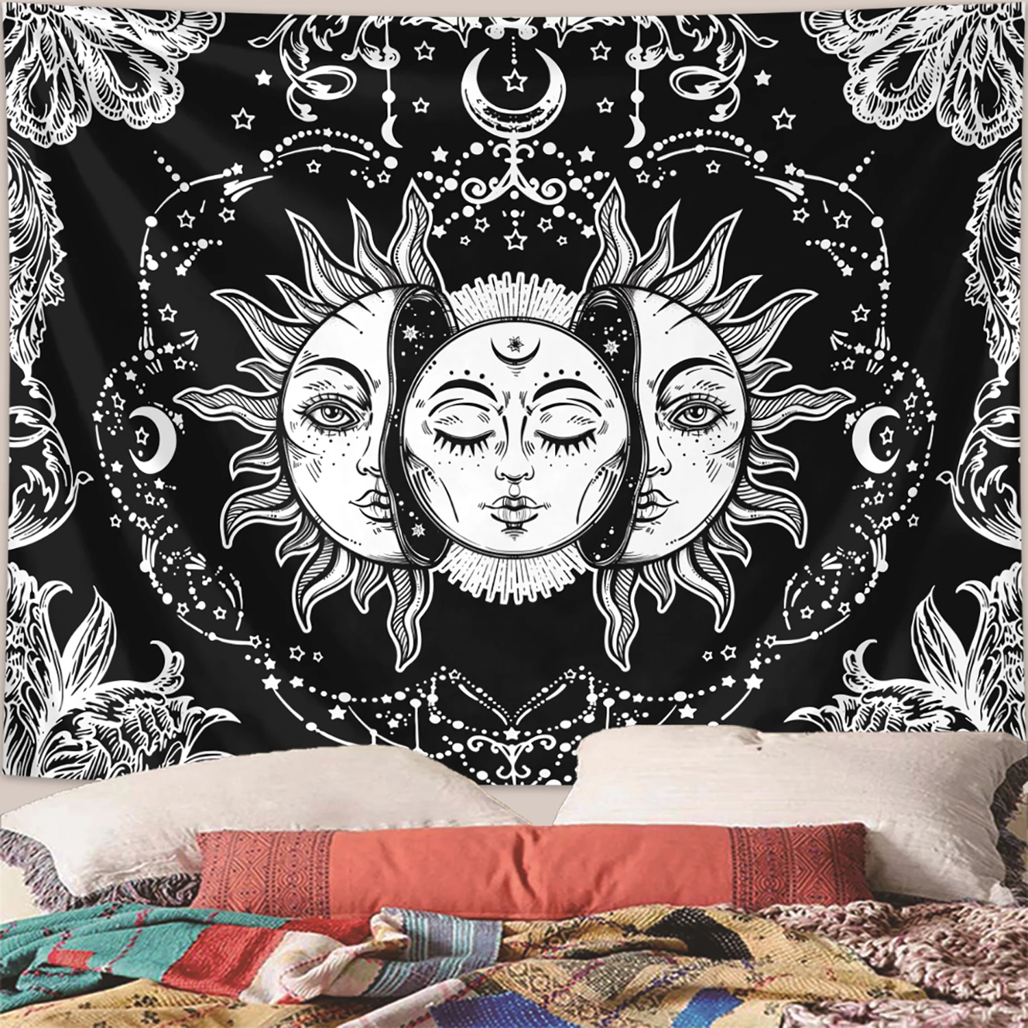 1 tapiz de sol y luna, tapiz de sol y estrellas ardientes, tapiz de cartas de Tarot misterioso en blanco y negro