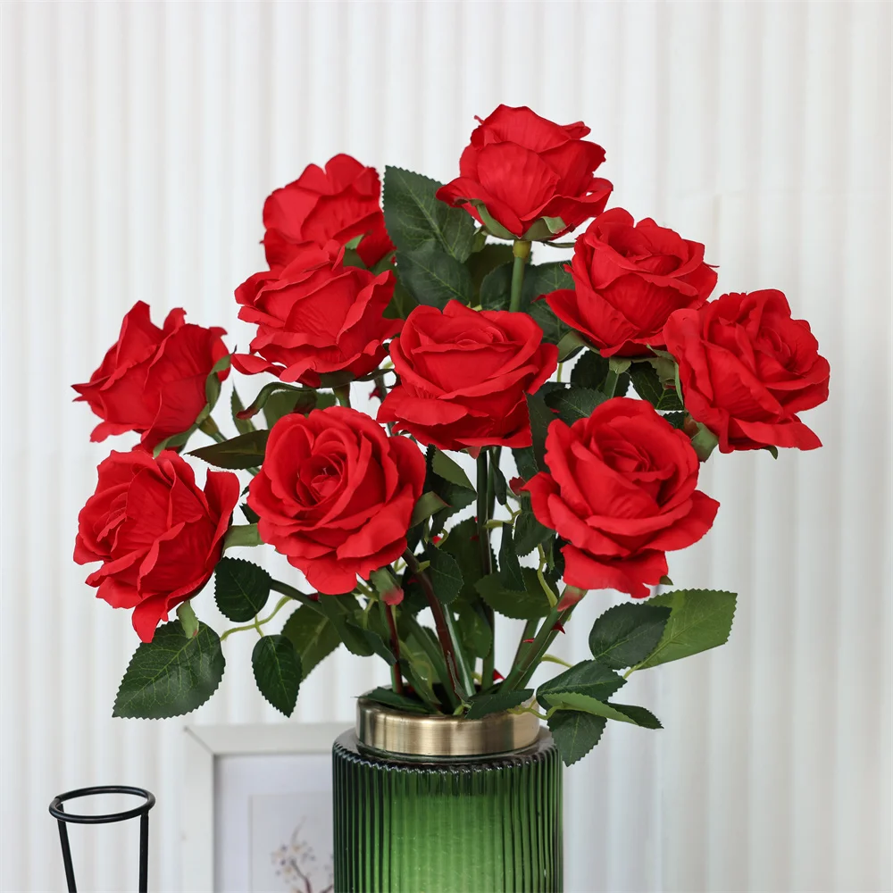 

10pcs/100pcs Silk Red Artificial Rose Flower Decoration Maison Decor Noel Vases Single Branch Green Leaves Flower Gift HY2567