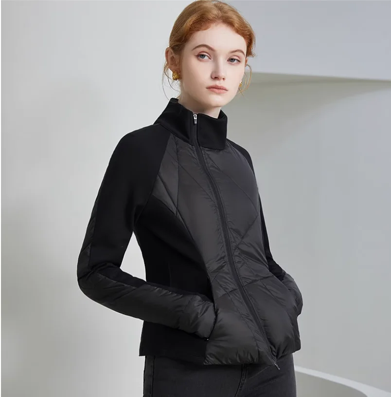 Doudoune fine à col haut pour femme, manteau chaud et amincissant, fermeture audio irrégulière, noir, automne et hiver