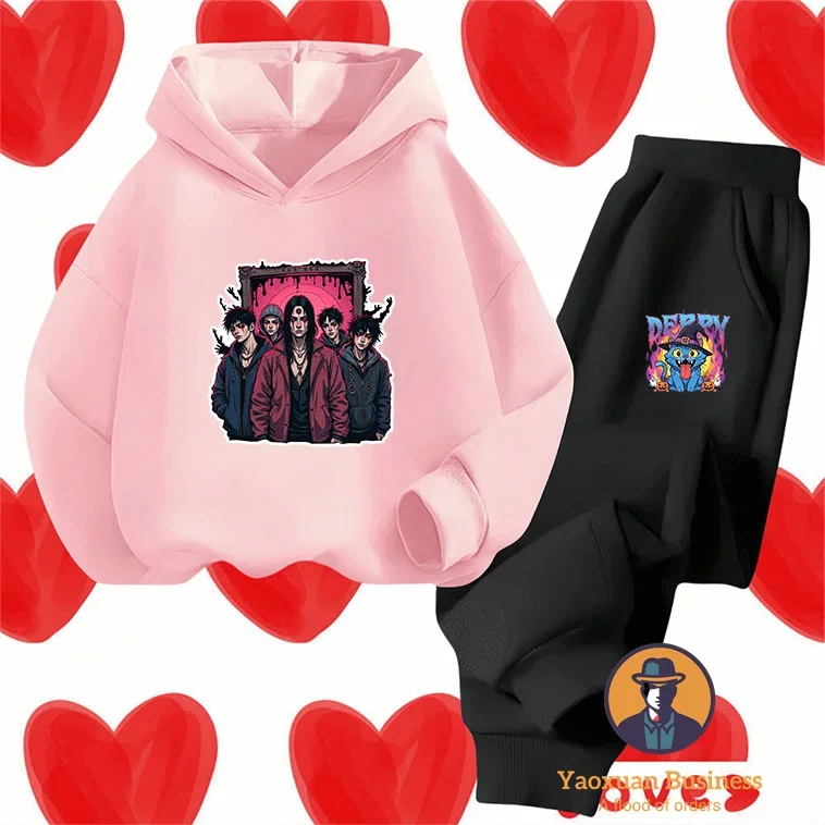 

Hot Sale KPop Demon Hunters Girls Kids 2 Piece Hoodie Set Cute Cartoon Printed Warm Windproof Autumn Winter New