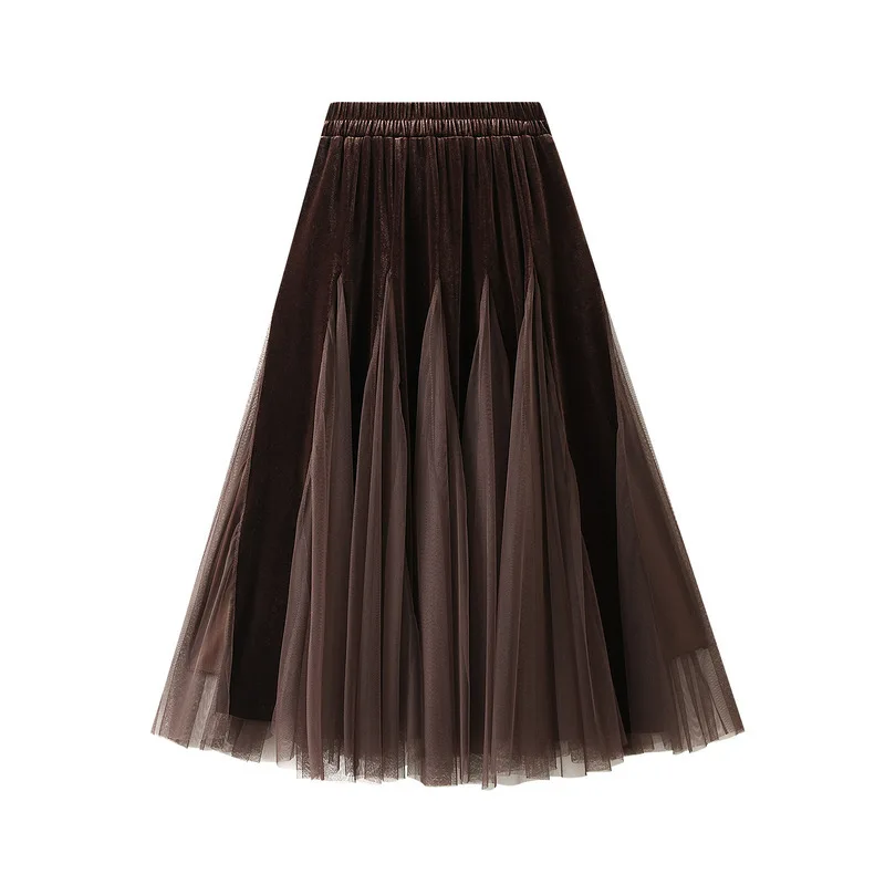 New In Women's Autumn Winter Velvet Splicing Mesh High Waist A-Line Pleated Elegant Midi Long Skirts