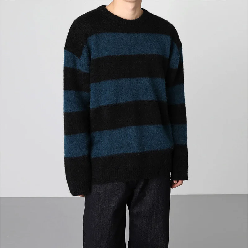 

Casual Japanese Sle Striped Men's Knitwear round Ne Loose Fit Faionable Polyester Fiber Long Sve Autumn Winter Sweater