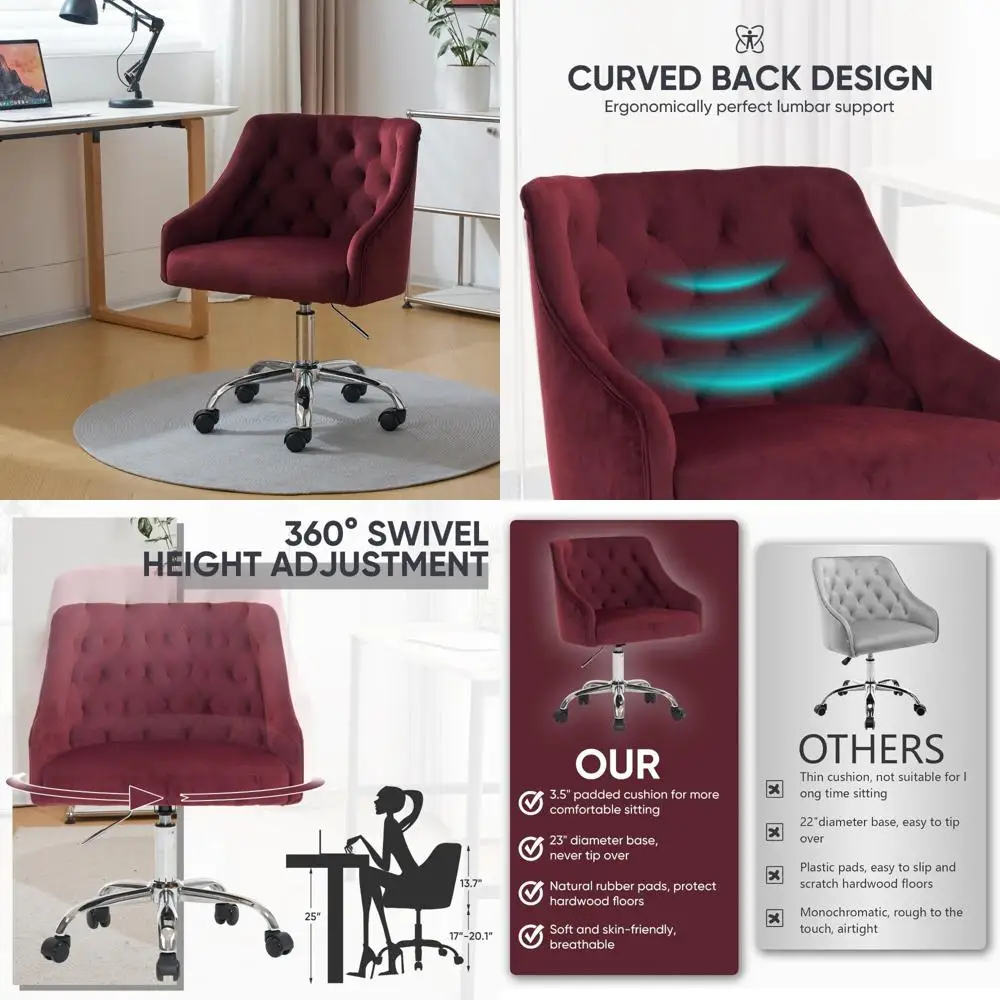 Luxurious Velvet Swivel Desk Chair - Height Adjustable, 360° Rotation, Vanity Fabric, Gold Accents for Elegant Office Spaces