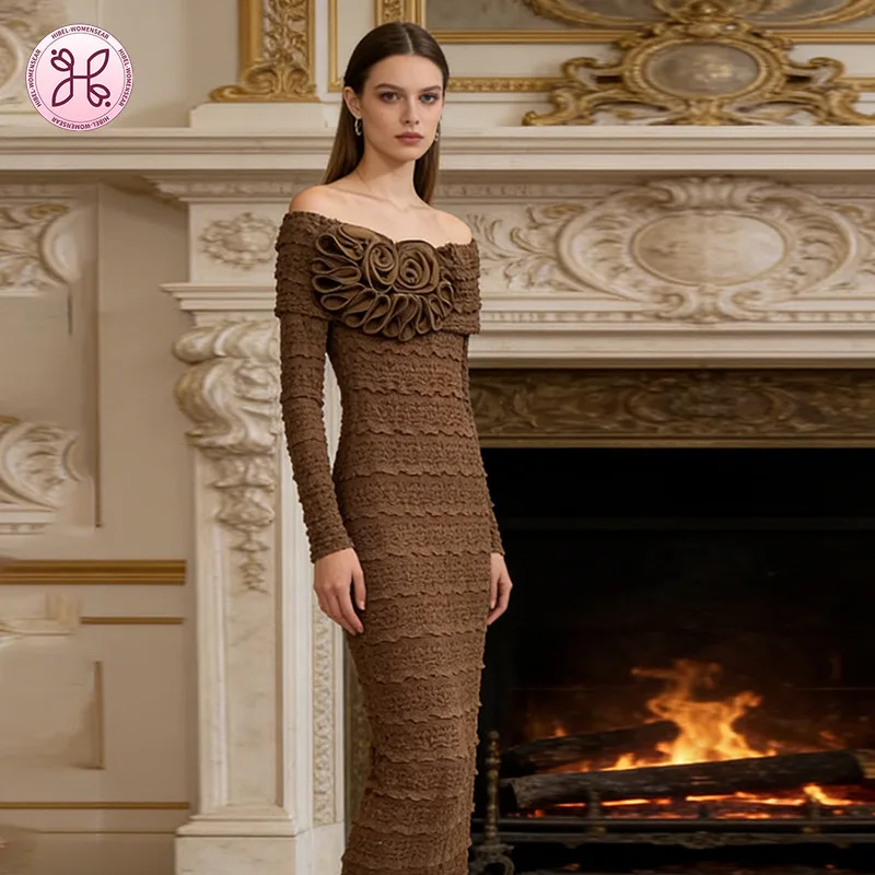 

Новое элегантное платье макси с открытыми плечами и 3D-розами, плиссированное, с эффектом похудения, весна 2026, для женщин, с изысканным дизайном, класса люкс