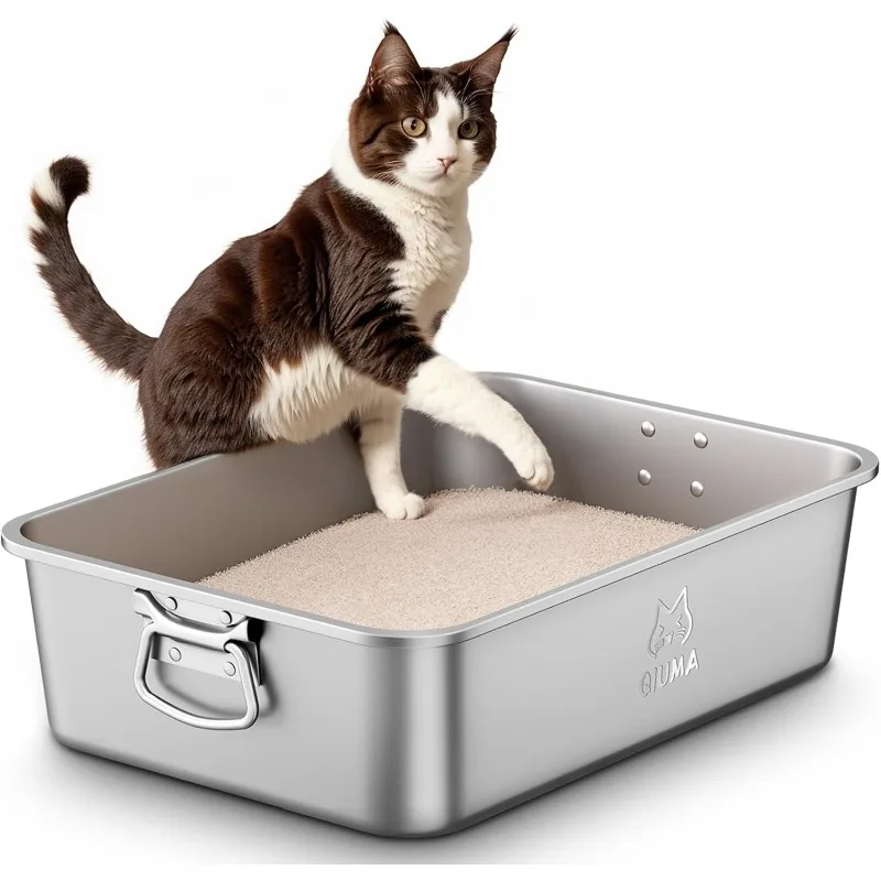 

Stainless Steel Litter Box with Handle, Large Metal Cat Litter Box with High Sided for Big and Small Cats, Kitty Litter Box