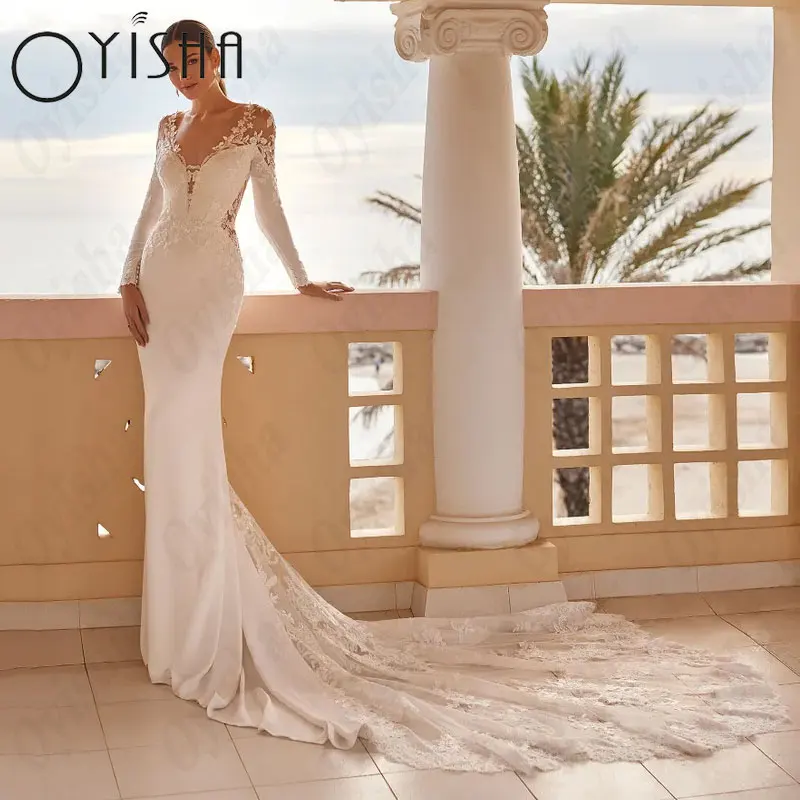 OYISHA abiti da sposa a sirena in raso eleganti maniche lunghe con scollo a v Appliques abiti da sposa per donna pizzo bianco Vestido De MariagesOYISHA Raso Sirena Abiti Da Sposa Eleganti Maniche Lunghe V-Neck Applique