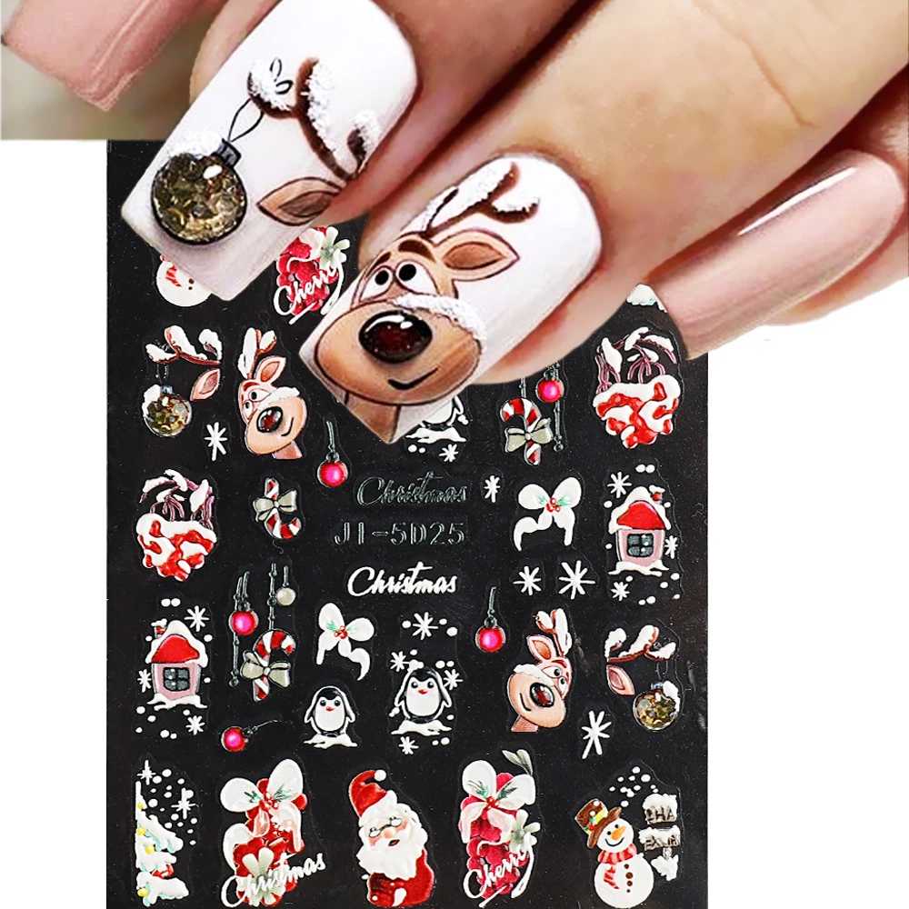 5D Embossed Christmas Nail Art Stickers Winter New Year Red Santa Claus Tree Penguins Snowman Sliders Decals Manicure GLJI-5D