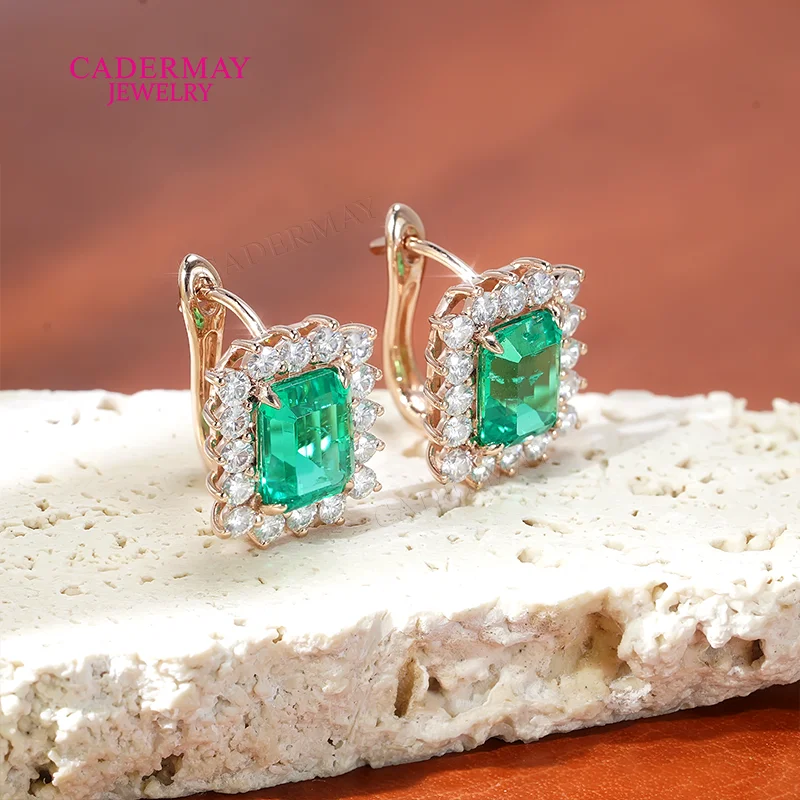Cadermay Jewelry 925silver 10K Rose Gold Colombia Green 6x8mm Emerald Cut Lab Grown Emerald Earrings Women Gift Party