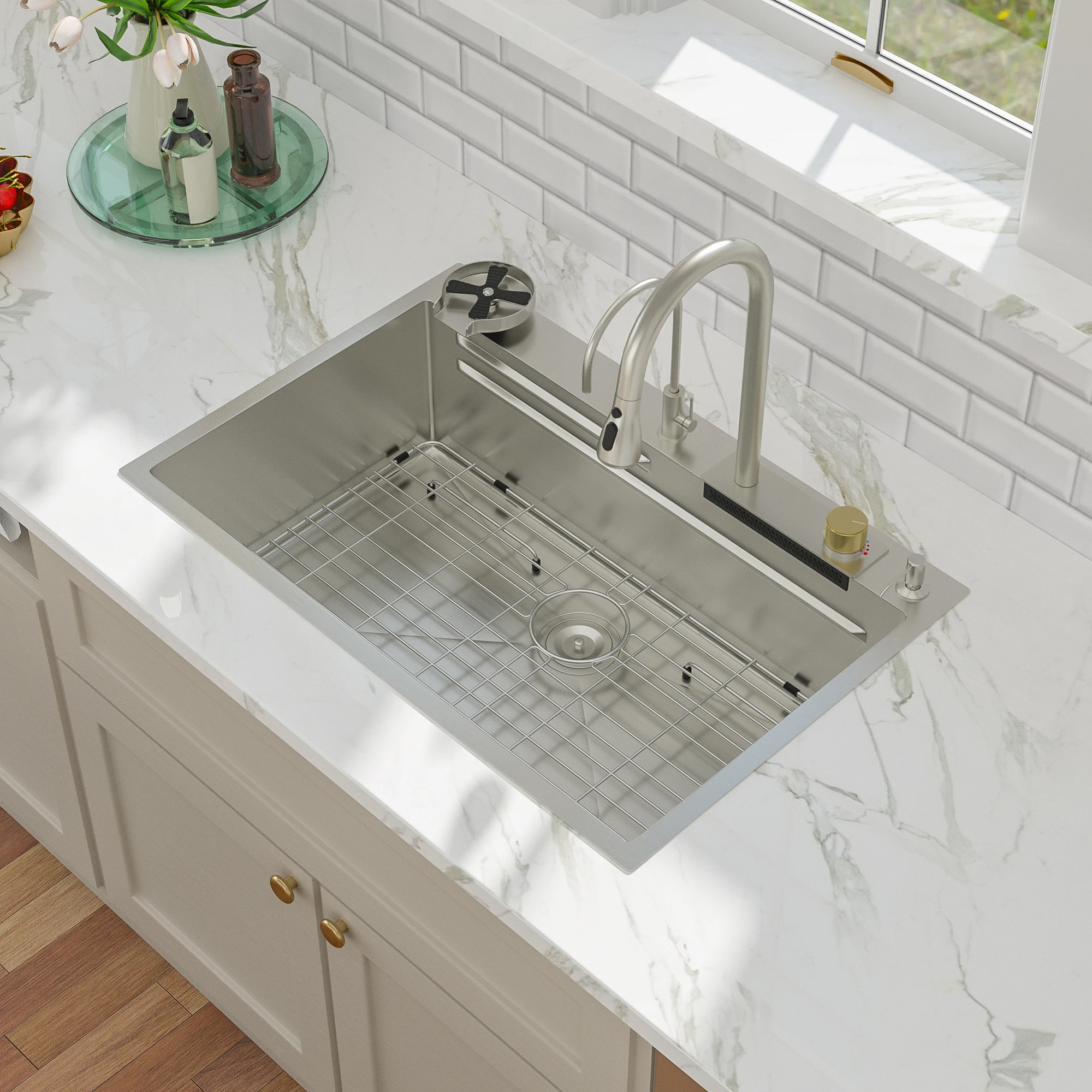 33 Drop Kitchen Sink with Faucet Combo  Waterfall Kitchen Sink Workstation Single Bowl  with Pull Out Faucet, Glass Rinser