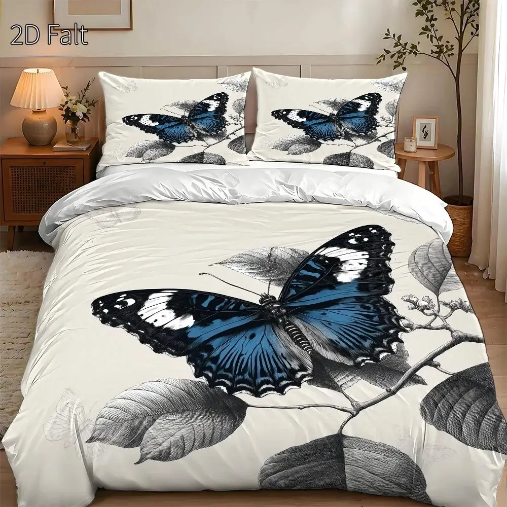 3-Piece Duvet Cover Set, 1 Duvet Cover + 2 Pillowcases (Without Filling) 2D Flat Printing, Duvet Cover Set of Three, Blue Butterfly Theme, Vintage Hand-Painted Style, No Specific Holiday Theme, Suitable for All Seasons, Machine Washable, Invisible Zipper, Large Duvet Cover Set, Bedding Set, Skin-Friendly and Breathable, Soft and Comfortable, Does Not Fade or Pill, for Home/Dorm