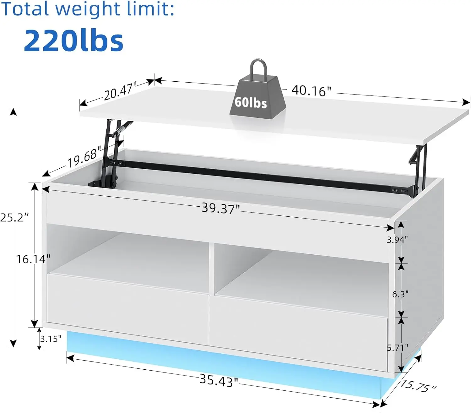 Compartiment GNE et 2 égouts de proximité et 2 étagères ouvertes, table basse LED avec plateau élévateur, table basse moderne avec rangement, blanc brillant