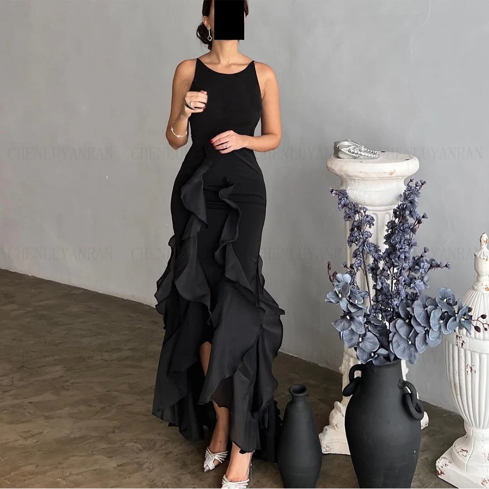 Black Mermaid Formal Occasion Dresses 2024 O-Neck Sexy Ball Gowns Spaghetti Strap Backless Evening Party Gown فساتين الحفلات