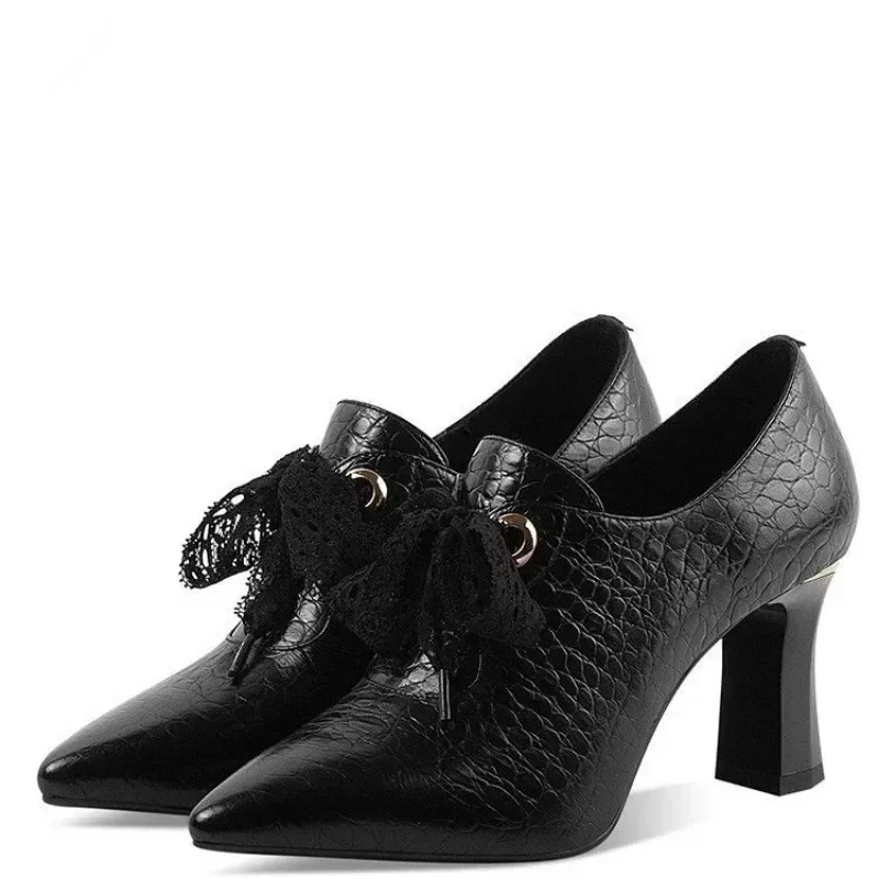 2024 Lace Pointed Thick Heel Women Boots Women\'s Autumn and Winter New Style Comfortable High Nude