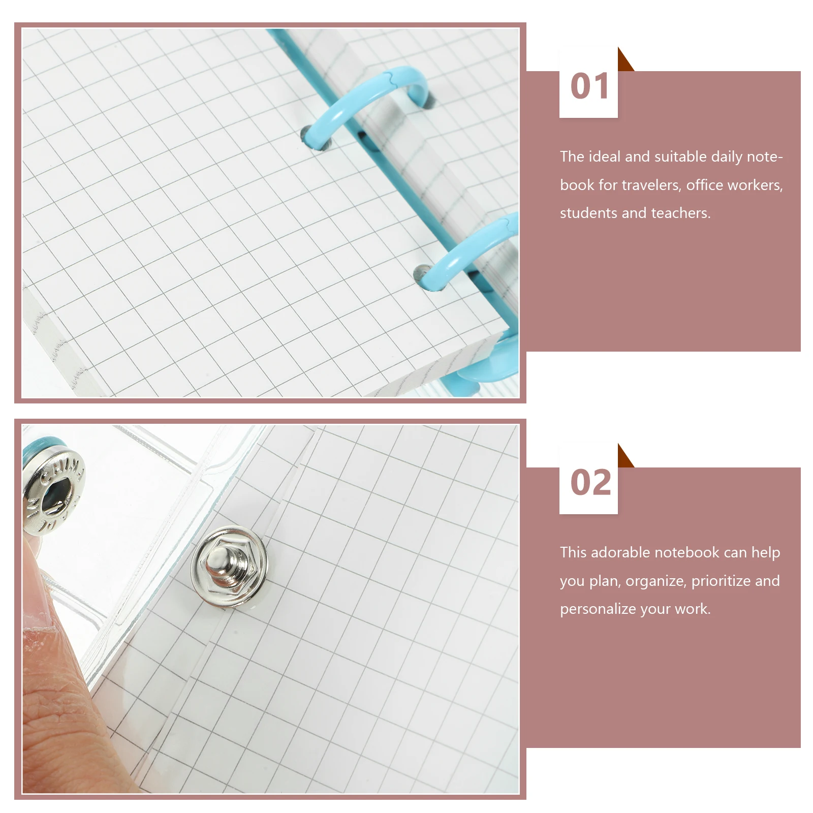 

2 set 2 Sets Mini 3 Ring Binder PVC Transparent Cover Detachable Double Buckle Loose Leaf Notebook for Study Office Travel Diary
