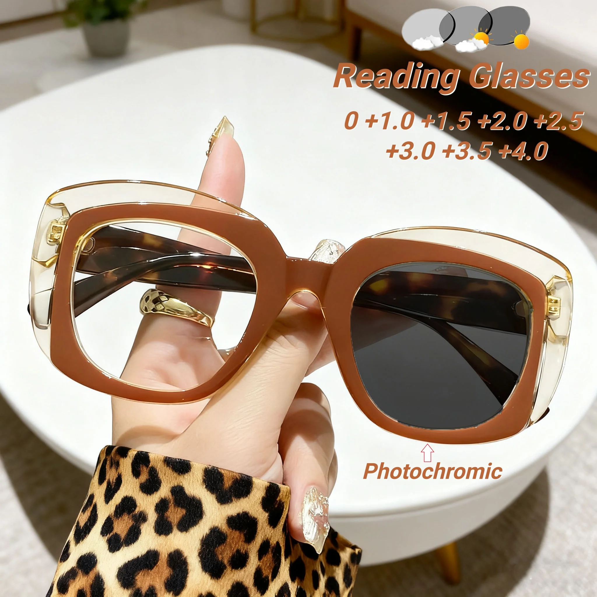 

2025 New Fashionable HD Thick Frame Photochromic Women's Reading Glasses Retro Neutral High Quality Anti Blue Light Glasses