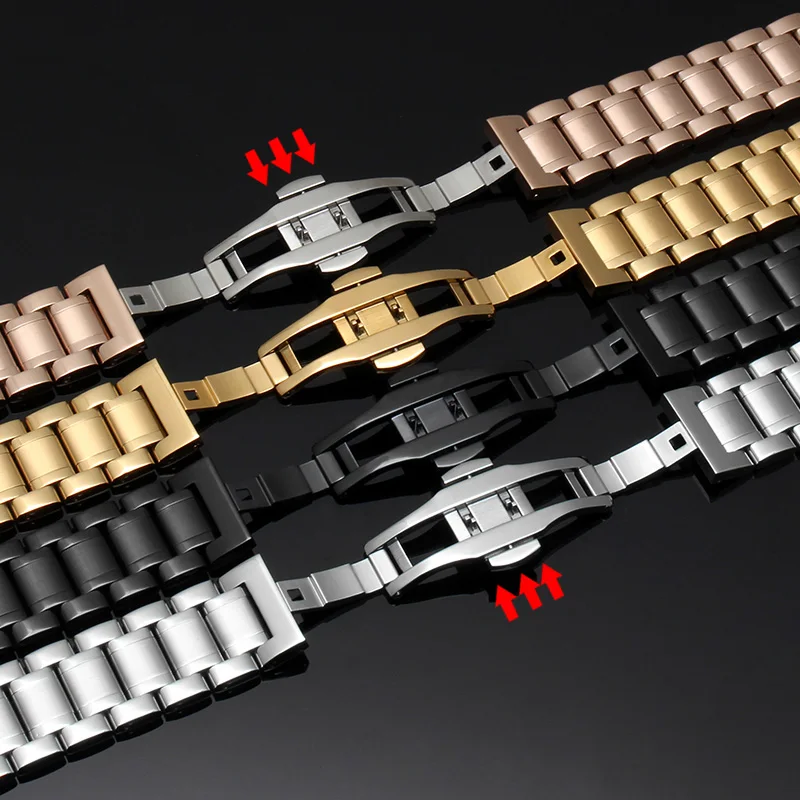 สายนาฬิกาสแตนเลสสตีล14/16/18/20/22มม. สายนาฬิกาข้อมือสายรัดโลหะสีเงินพร้อมหัวเข็มขัดผีเสื้อสำหรับผู้ชายยาว
