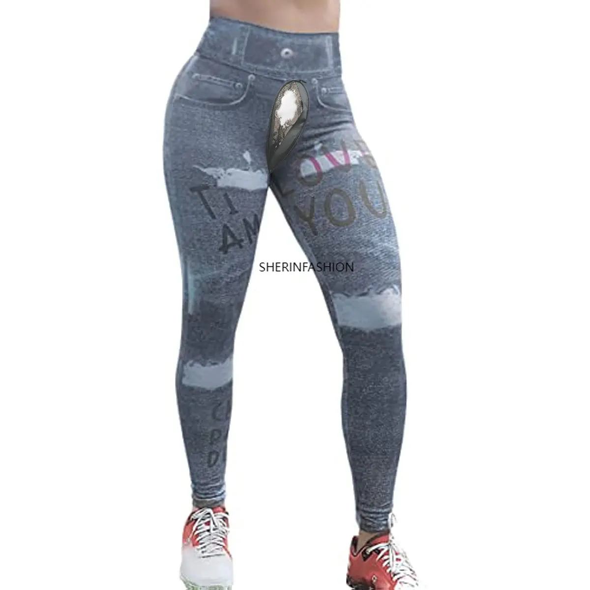 Invisible Open Crotch Pants Ladies Printed Faux Jeans Yoga Fitness Leggings Outdoor Sex Sports Pants Workout High Waist Trousers