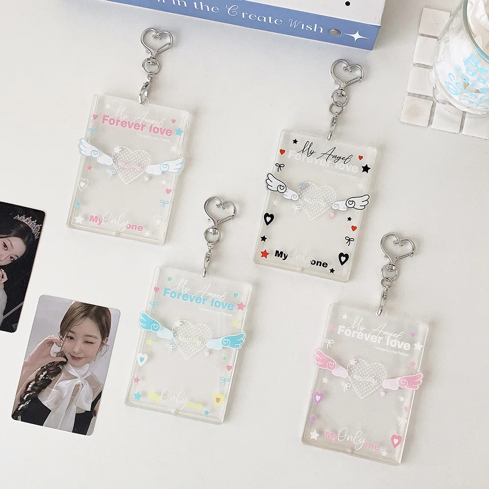 Y2K Korean Fashion Acrylic Angel Wings 3in Photo Card Holder Cute Girl Backpack Pendant Decoration Keychain Storage Card Bag
