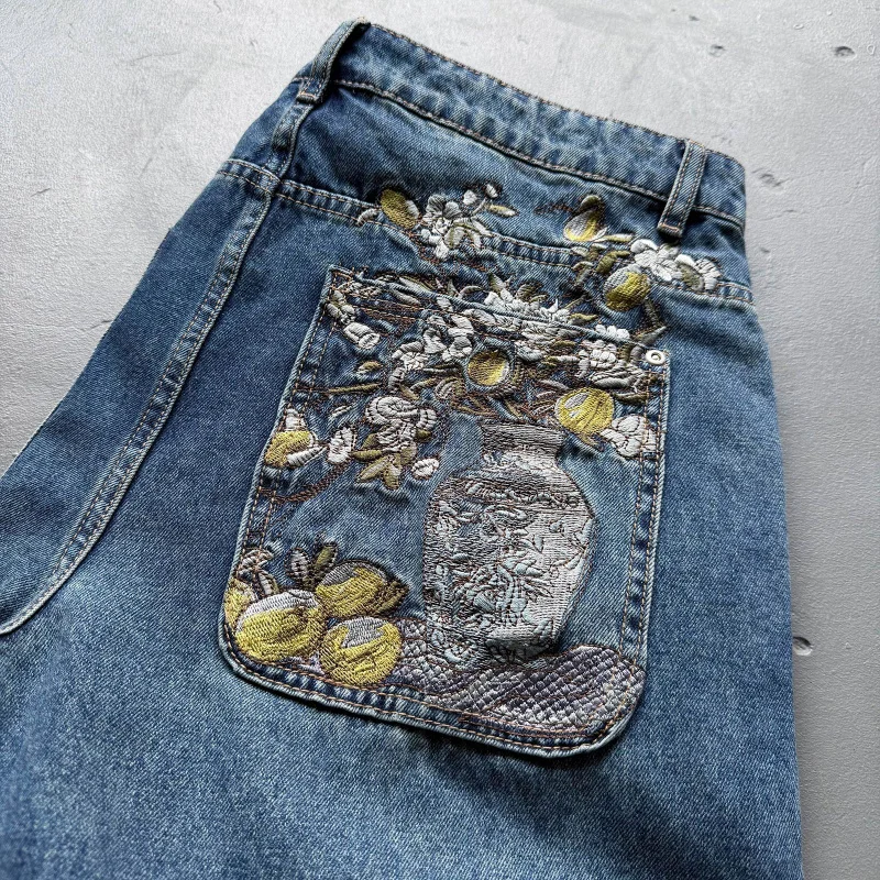 

Heavy Embroidery Large Flower Potierschutze Trendy Brand Waed Vintage Heavy Du Casual Straight Leg Men's Jeans