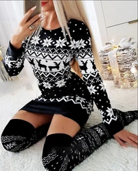 Christmas Women's Dresses 2024 Autumn Long Sleeve Fashion Snowflake Elk Print Casual O-Neck Daily Skinny Mini Dress