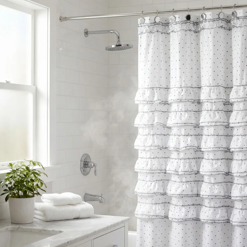 

Can Can Ruffled Black Polka Dots Boho Waterproof Polyester Shower Curtain | Solid White Modern Farmhouse Bathroom Decor