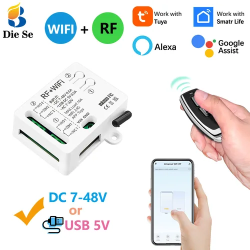 Tuya WiFi RF interruptor DC 12V 24V 2 canales relé de contacto seco transmisor de Control remoto inalámbrico 50m funciona con Google Assist, Alexa