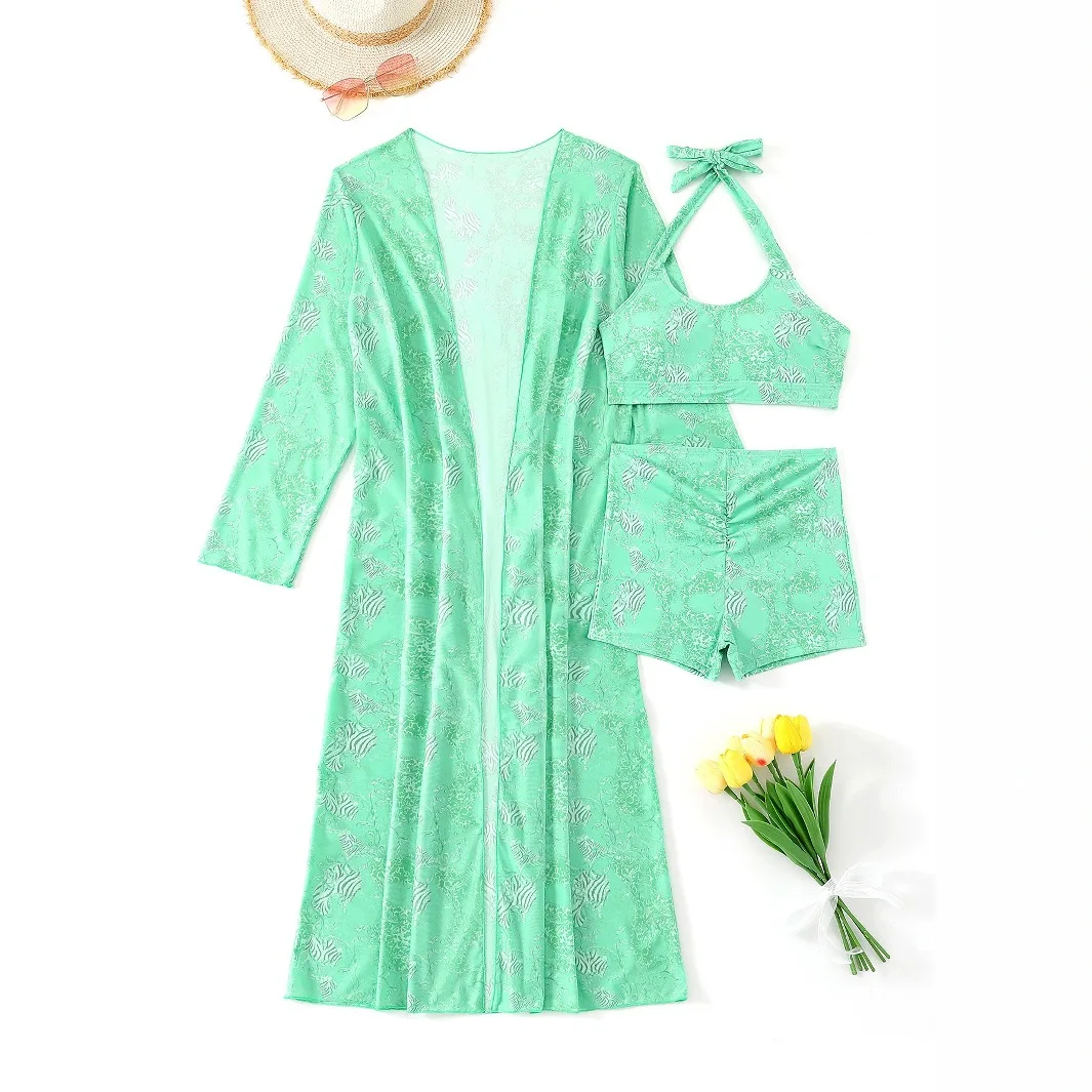 

Женский купальный костюм из трех предметов, кимоно с лямкой на шее, бикини с высокой талией, шорты, пляжная одежда, накидка, купальники, зеленые купальные костюмы, женские