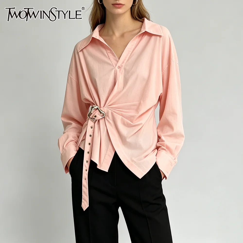 

TWOTWINSTYLE Patchwork Belt Shirts for Women Lapel Long Sleeve Tunic Solid Spliced Folds Casual Blouse Female Fashion Clothing
