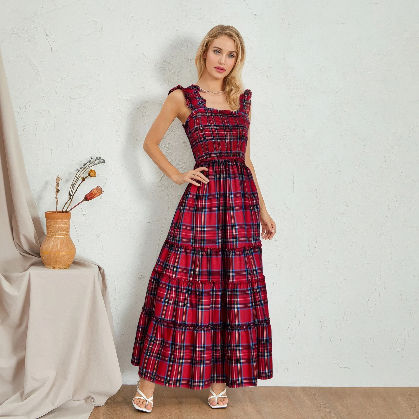 

Women Summer Sleeveless Bohemian Long Dress Casual Plaid Print Ruffled A-Line Party Dress for Beach Club