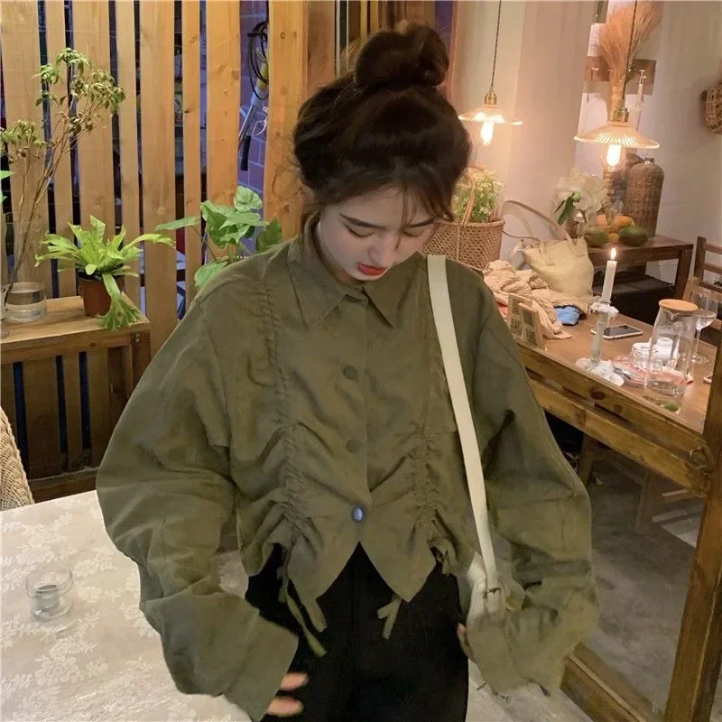 Shirts Women Drawstring Army Green Solid Sweet Girl Long Sleeve Coats All-match  Tops Vintage Turn-down Collar Newest