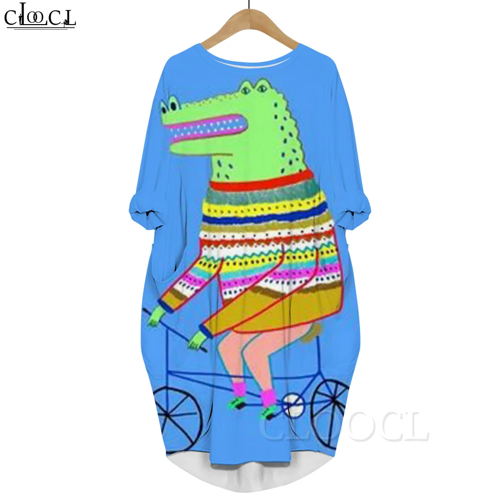 

CLOOCL Funny Cartoon Dress Crocodile Gentleman Riding A Bike Graphics 3D Printed Long Sleeves Pocket Dresses Oversized Dresses