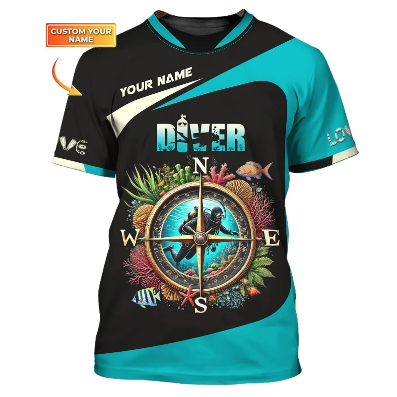 Custom Name 3D Print Diver T Shirts Tops Summer Short Sleeve Casual Scuba Diving Tshirt For Men Clothes New In Mens Tee Shirts