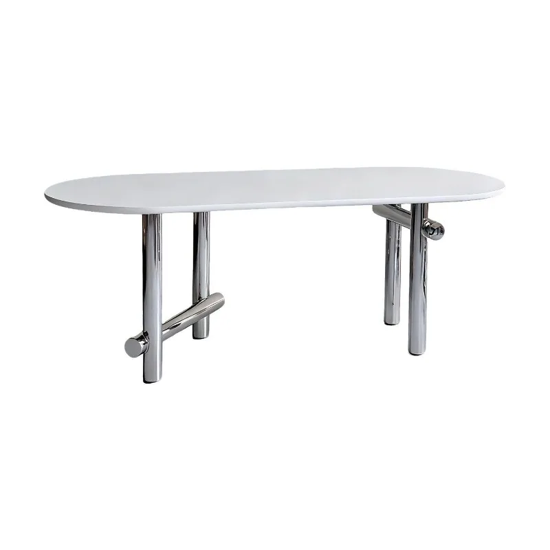 French high-end Bauhaus desk, medieval designer stainless steel minimalist negotiation table, oval desk