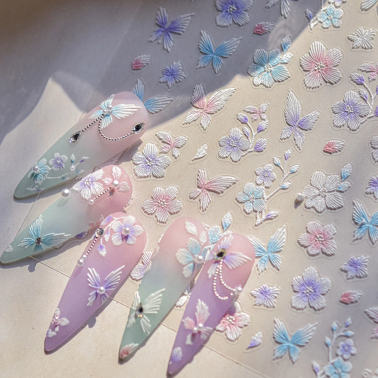 

Embroidered Butterfly Flower Colourful Gradient Morning Glory Leaves Self Adhesive Nail Art Stickers Rhinestone Manicure Decals