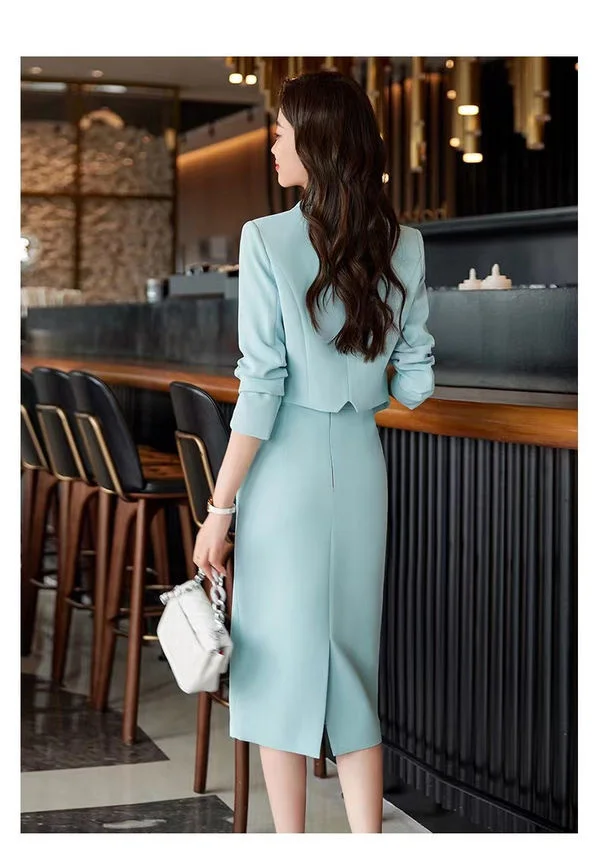 Blue Suit Two Piece Set Female Temperament Celebrity Small Fragrance Professional Suit Half Body Skirt High-end Short Jacket