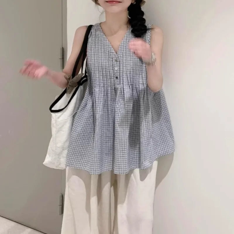 

Korean Chic Plaid Tops & Tees Design Niche Shirt Vest Skirt Children's Summer Thin Sleeveless Outer Doll Shirt Top Women Tee New