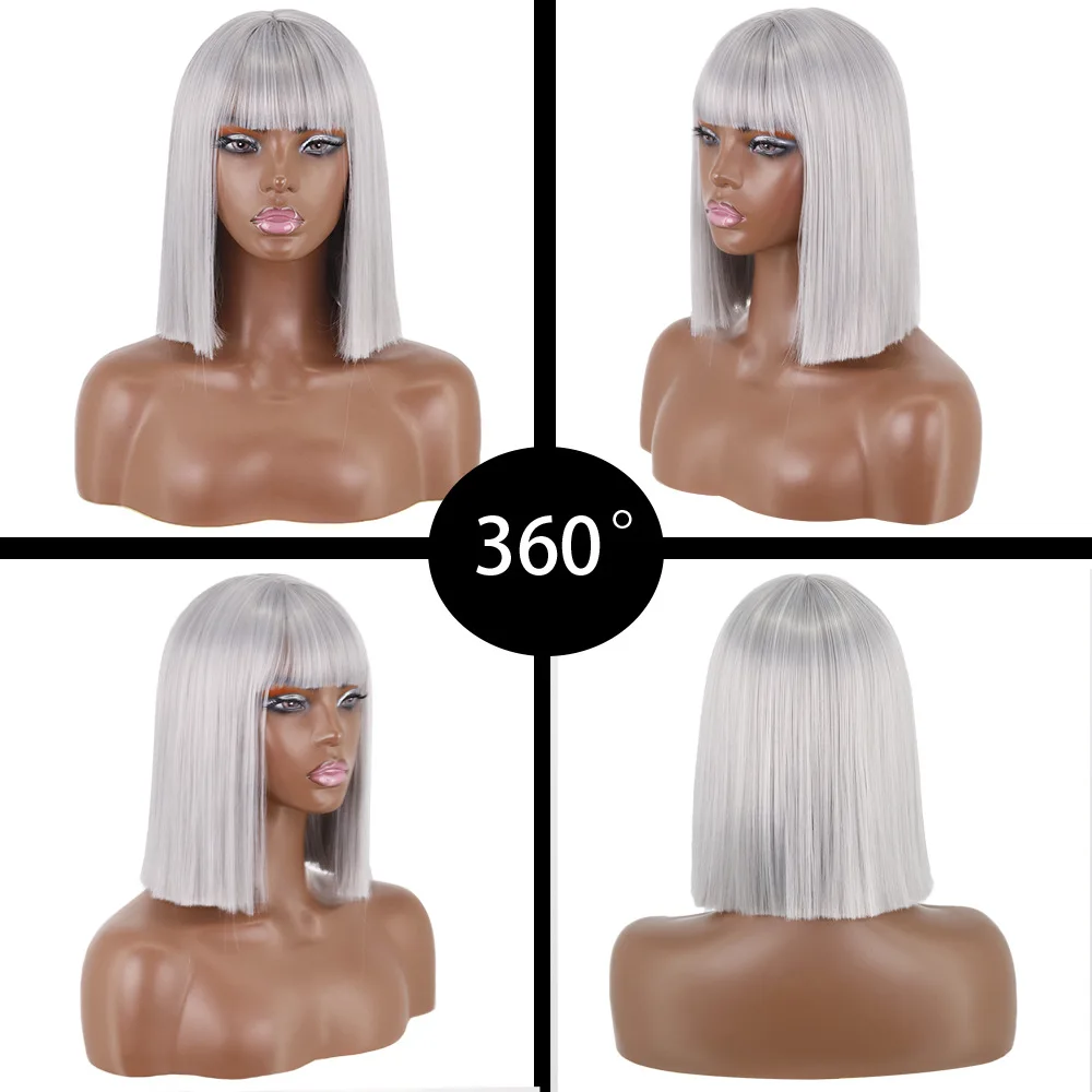 Belle Show Short Straight Halloween Pary Bob Wigs Synthetic Natural Ombre Blonde Pink Grey Bob Wig With Bangs