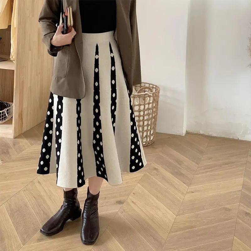 Knitted A-line Skirt with Large Hem for Women New Autumn and Winter Temperament Splicing Long Mid-length Polka-dot Wool Skirt