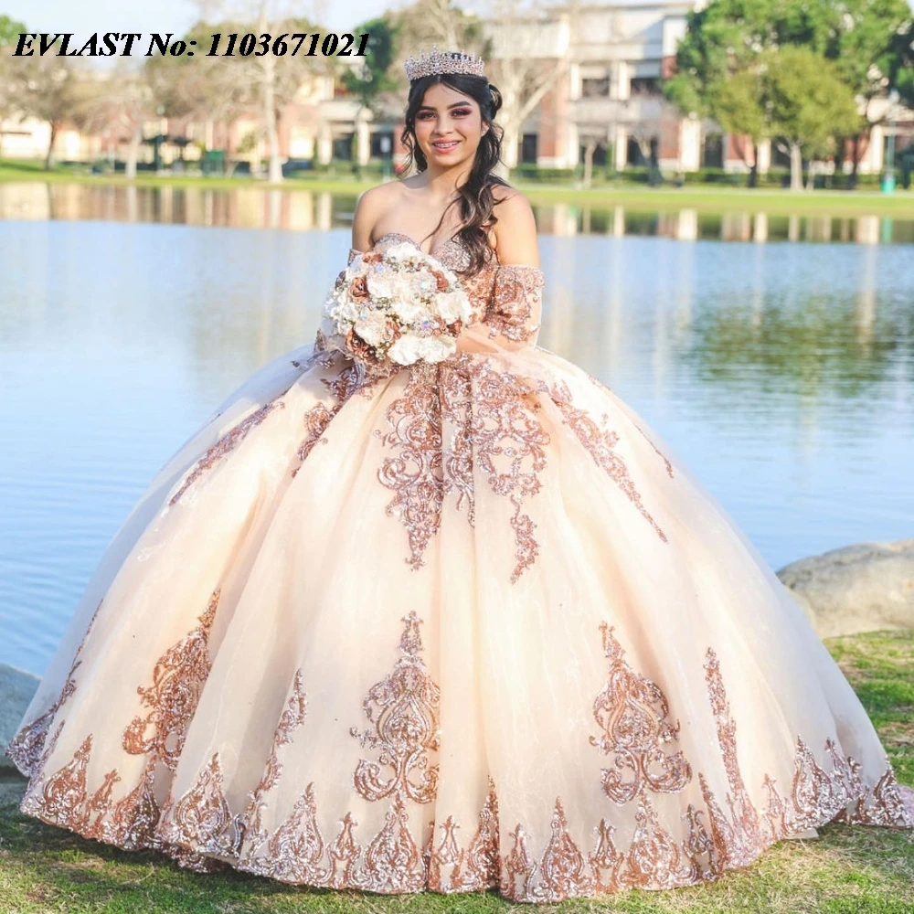 EVLAST personalizado Blush Quinnceanera vestido De baile Rosa Apliques De encaje rebordear corsé escalonado dulce 16 Vestidos De 15 Anos SQ645