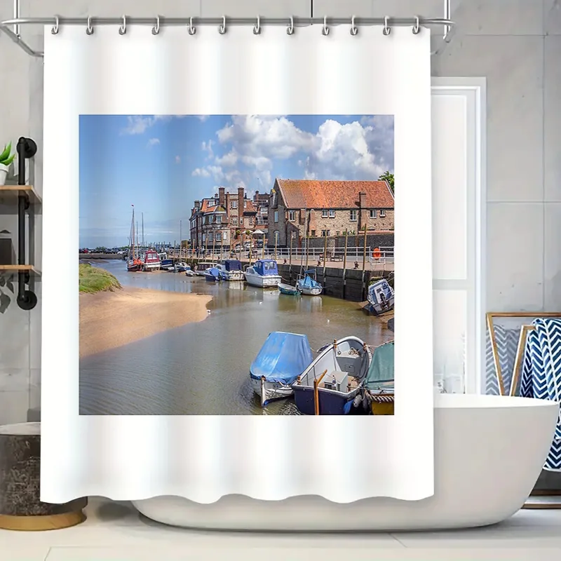 

Прибрежная деревня, лодка, пейзаж, занавеска для душа, океан, морской декор для ванной комнаты, пляжный дом, домашний текстиль, водонепроницаемый