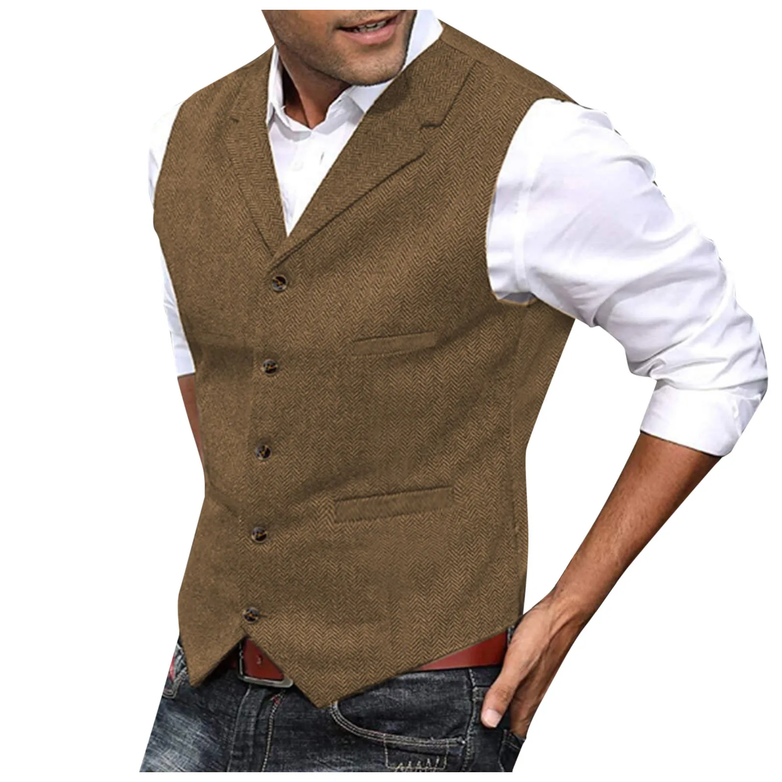 Retro Pattern Workwear Casual Slim Fit Men's Suit Vest Male Business Suit Fashion Classic V-neck Office Al-match Solid Vest