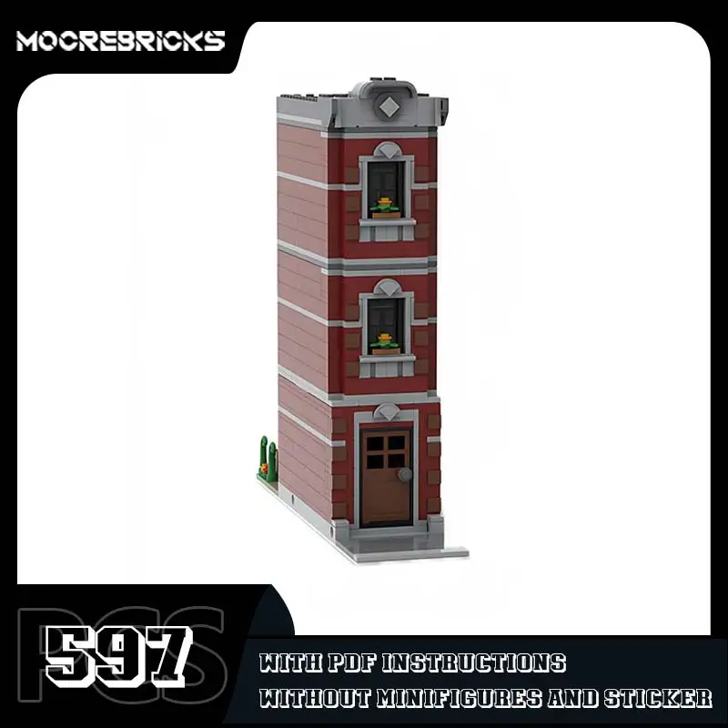 MOC-165163 Modular Dark Red House Street View Building Blocks City Creative Architecture Model Bricks Desktop Display Toy Gift