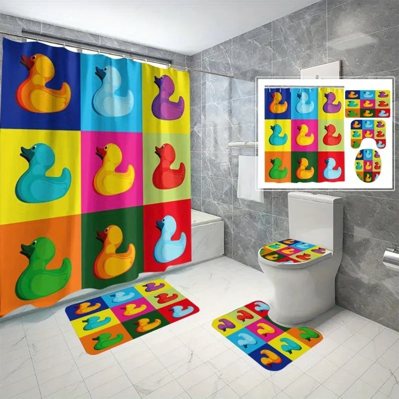 

Набор из 4 предметов для ванной комнаты с резиновой уткой в стиле поп-арт, красочный дизайн — мягкая ткань для занавески и ковриков для душа, забавный подарок для детей